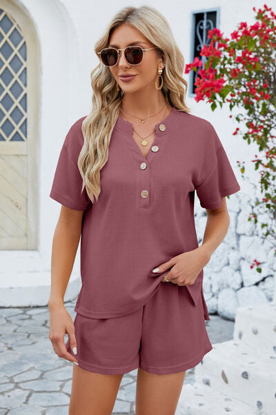 Blue Zone Planet | Notched Button Detail Dropped Shoulder Top and Shorts Set BLUE ZONE PLANET