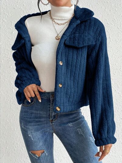 Blue Zone Planet | Fuzzy Button Up Collared Neck Jacket BLUE ZONE PLANET