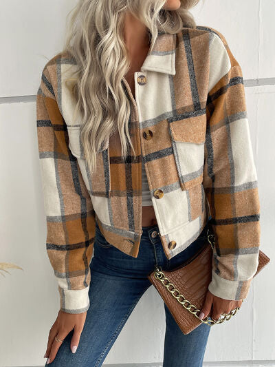 Blue Zone Planet | Plaid Button Up Drop Shoulder Cropped Jacket BLUE ZONE PLANET