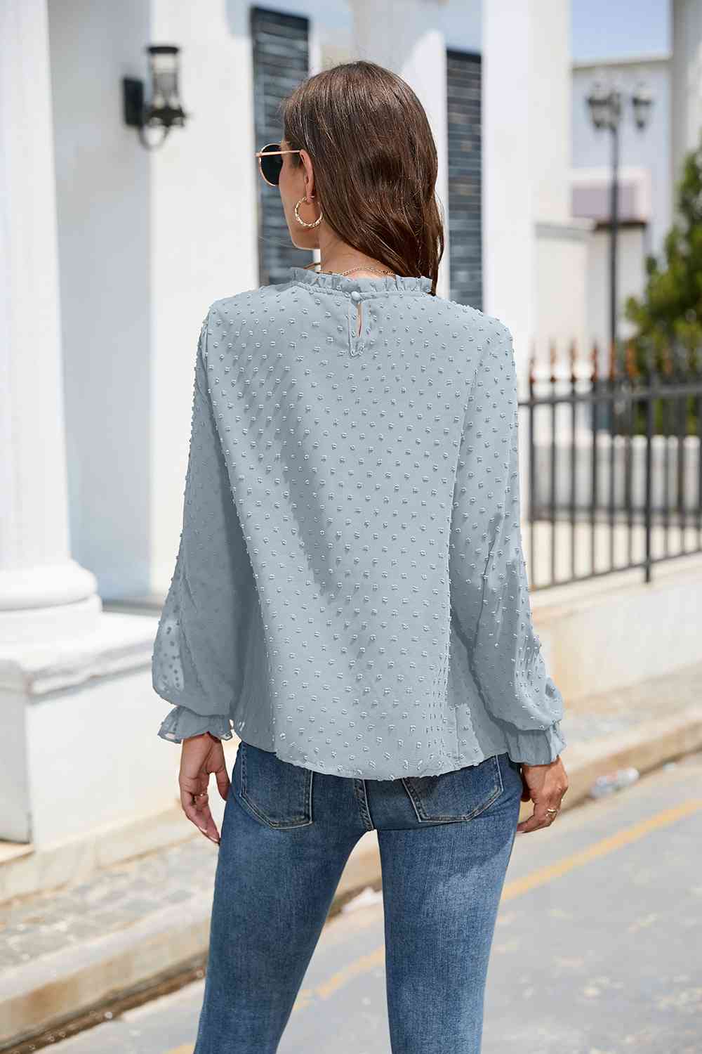 Smocked Mock Neck Swiss Dot Top BLUE ZONE PLANET