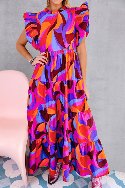 Blue Zone Planet | Printed Ruffled Mock Neck Tiered Dress BLUE ZONE PLANET