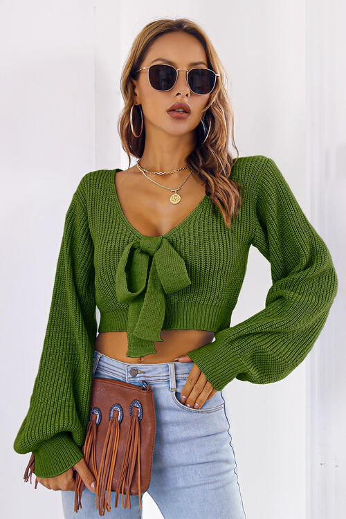 Bow V-Neck Long Sleeve Cropped Sweater BLUE ZONE PLANET