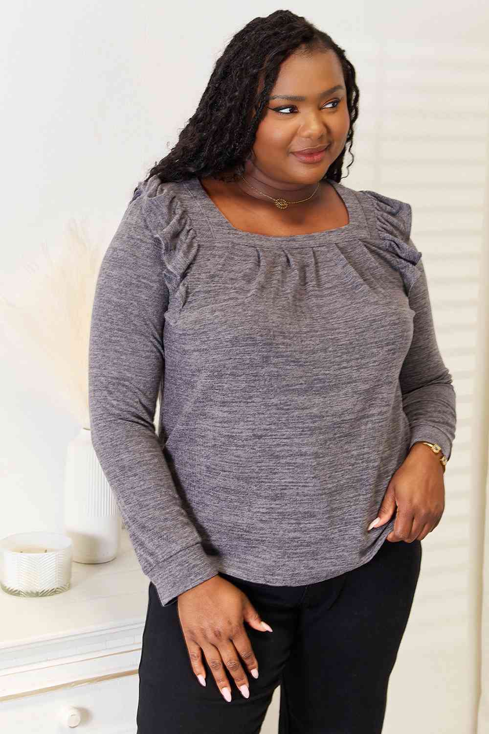 Double Take Square Neck Ruffle Shoulder Long Sleeve T-Shirt BLUE ZONE PLANET