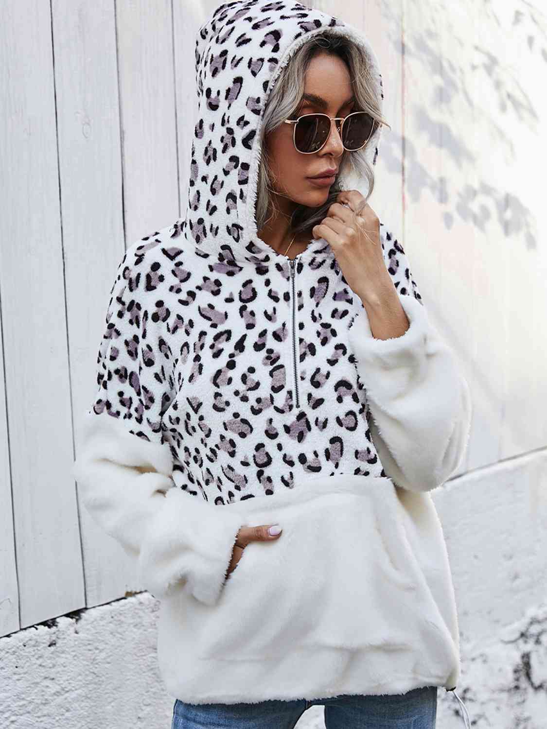 Blue Zone Planet | Leopard Half-Zip Dropped Shoulder Hoodie BLUE ZONE PLANET