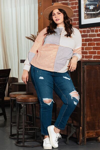 Plus Size Exposed Seam Color Block Round Neck Sweatshirt Trendsi