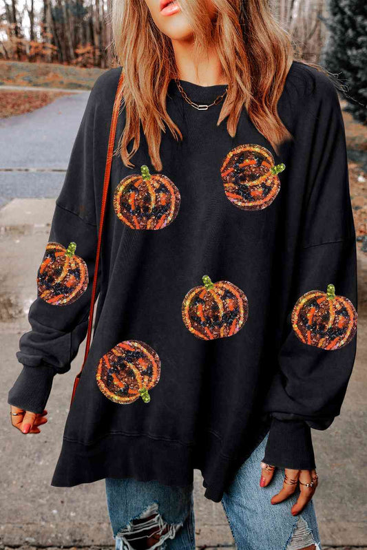 Pumpkin Print Dropped Shoulder Sweatshirt BLUE ZONE PLANET