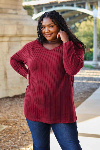 Basic Bae Full Size Ribbed Round Neck Long Sleeve Knit Top BLUE ZONE PLANET