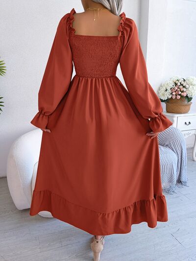 Smocked Square Neck Flounce Sleeve Dress BLUE ZONE PLANET