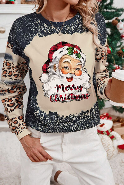 Blue Zone Planet | Santa Graphic Leopard Dropped Shoulder Sweatshirt BLUE ZONE PLANET