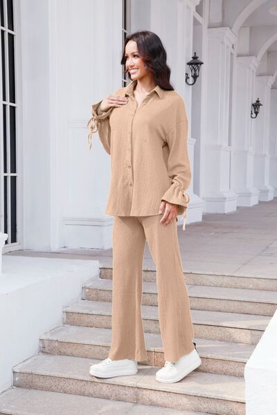 Blue Zone Planet | Drawstring Flounce Sleeve Shirt and Pants Set BLUE ZONE PLANET