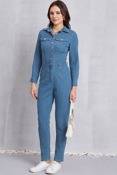 Blue Zone Planet |  Snap Down Denim Jumpsuit with Pockets BLUE ZONE PLANET