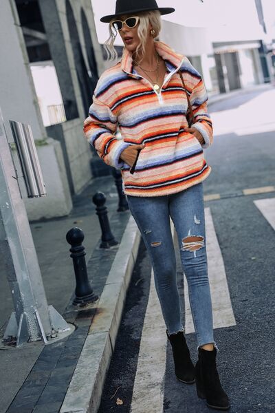 Striped Quarter Zip Dropped Shoulder Sweatshirt BLUE ZONE PLANET