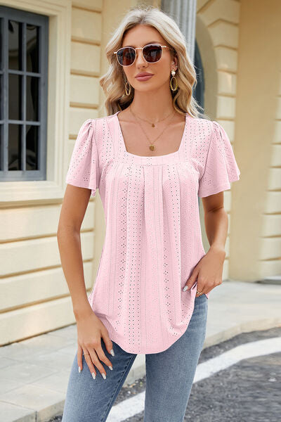 Blue Zone Planet | Eyelet Square Neck Short Sleeve T-Shirt BLUE ZONE PLANET