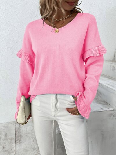 Blue Zone Planet | Ruffled V-Neck Dropped Shoulder Sweater BLUE ZONE PLANET