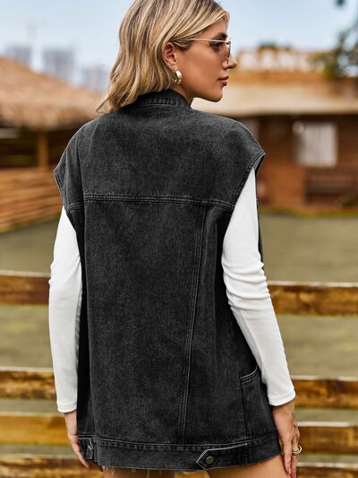 Blue Zone Planet | Button Up Collared Neck Sleeveless Denim Jacket BLUE ZONE PLANET