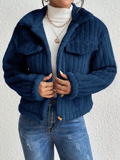 Blue Zone Planet | Fuzzy Button Up Collared Neck Jacket BLUE ZONE PLANET