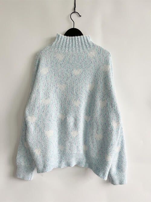 Blue Zone Planet | Heart Heathered Turtleneck Drop Shoulder Sweater BLUE ZONE PLANET