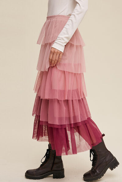 Blue Zone Planet | Elastic Waist Layered Tulle Midi Skirt BLUE ZONE PLANET