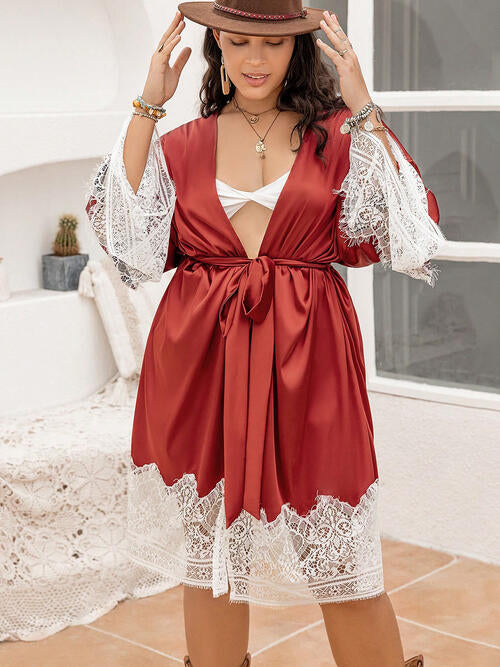 Plus Size Lace Patchwork Tie Front Robe BLUE ZONE PLANET