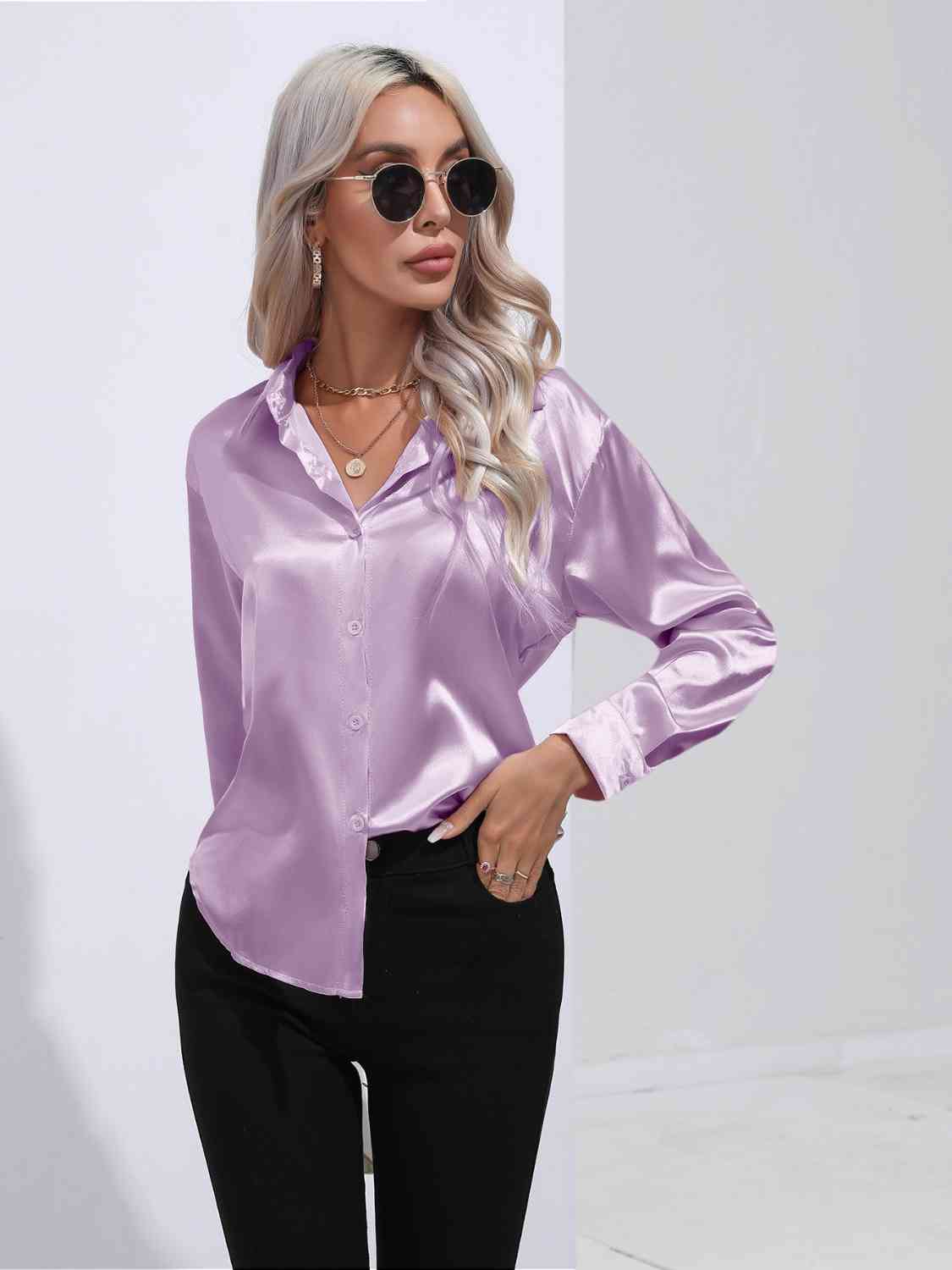 Collared Neck Buttoned Long Sleeve Shirt BLUE ZONE PLANET