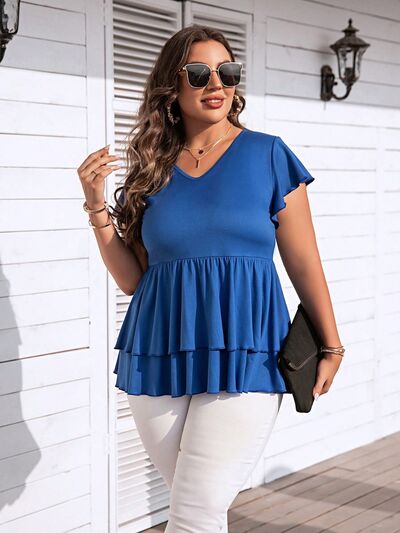 Plus Size V-Neck Flutter Sleeve Blouse BLUE ZONE PLANET