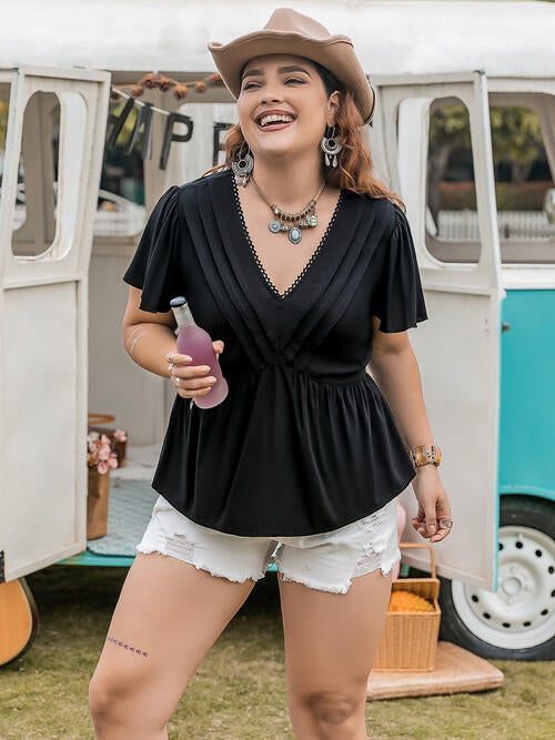 Plus Size V-Neck Flutter Sleeves Blouse BLUE ZONE PLANET