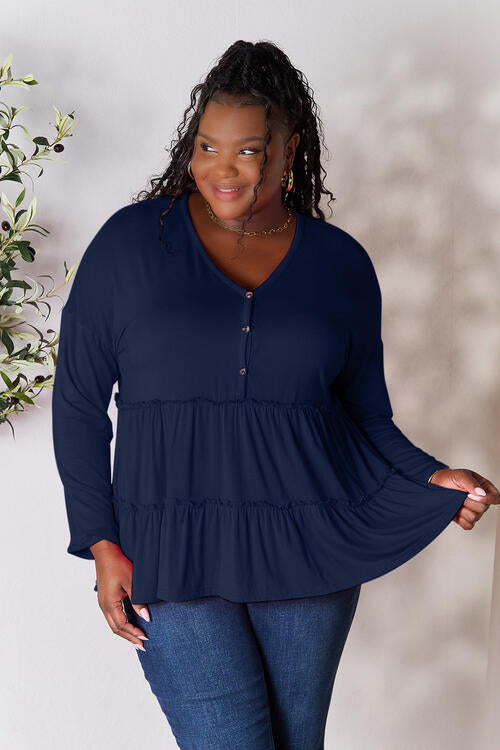 Double Take Half Button Long Sleeve Ruffle Hem Blouse BLUE ZONE PLANET