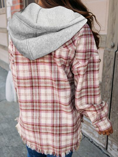 Plaid Raw Hem Drawstring Hooded Jacket BLUE ZONE PLANET