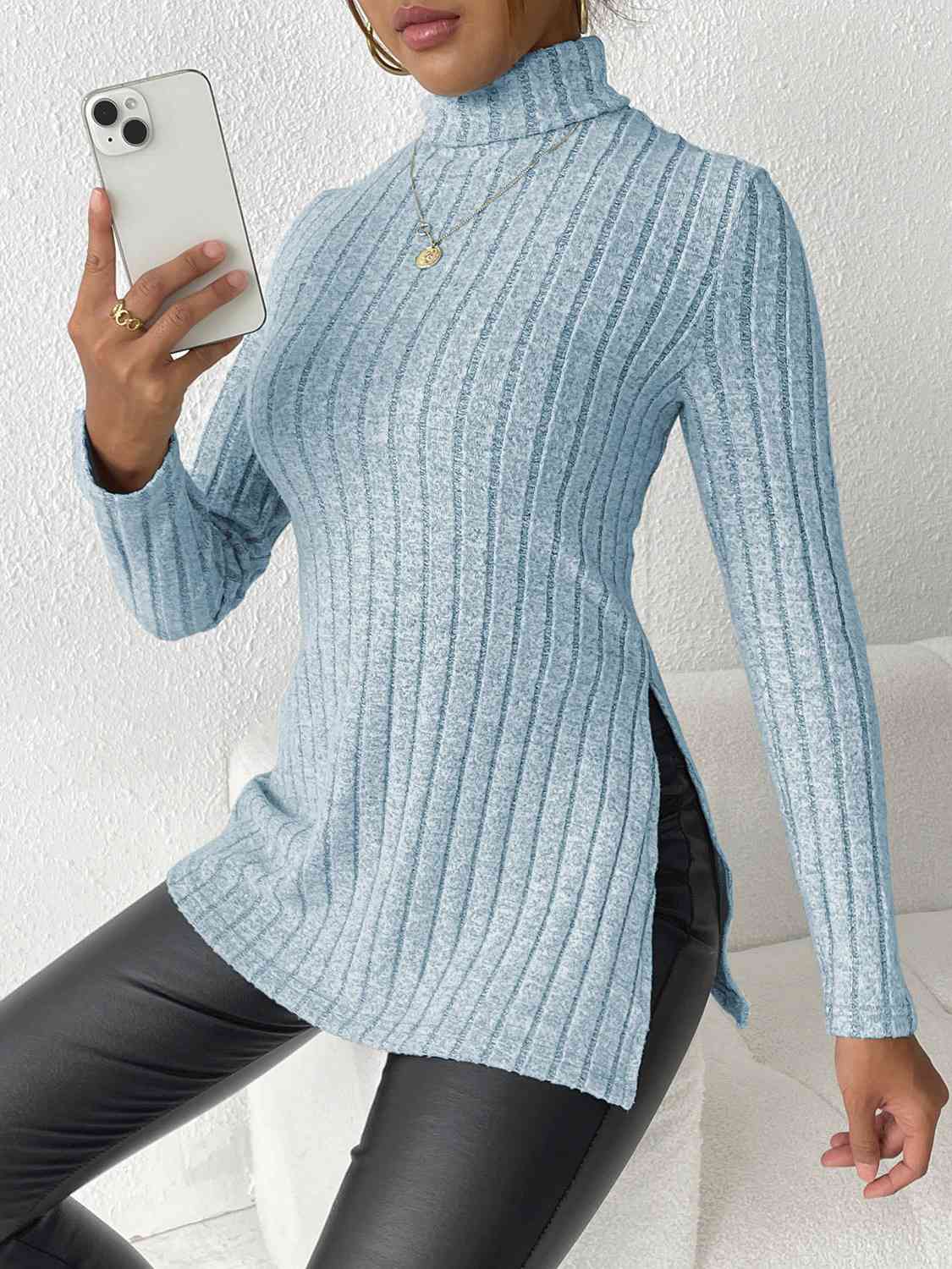Ribbed Turtleneck Long Sleeve Slit T-Shirt BLUE ZONE PLANET