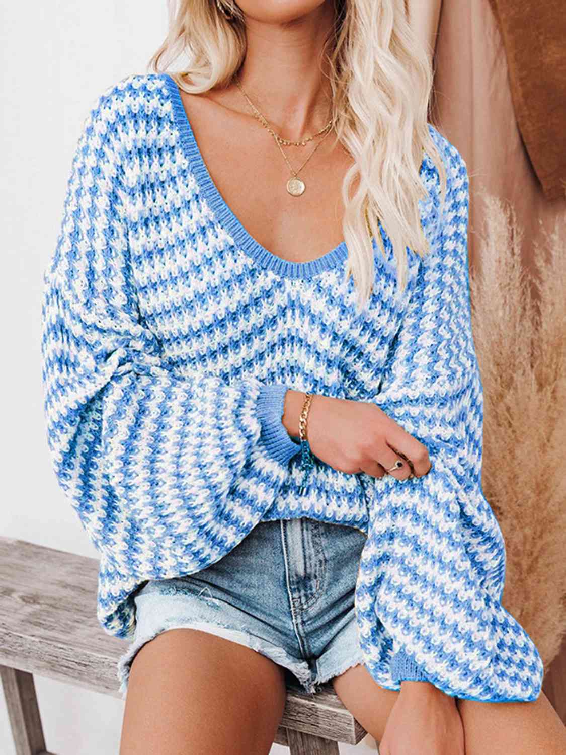 Striped Drop Shoulder V-Neck Sweater BLUE ZONE PLANET