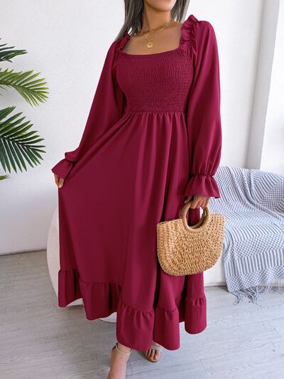Smocked Square Neck Flounce Sleeve Dress BLUE ZONE PLANET