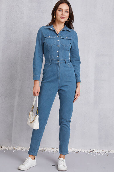 Blue Zone Planet |  Snap Down Denim Jumpsuit with Pockets BLUE ZONE PLANET