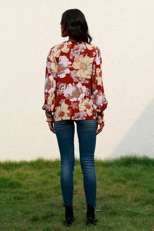 Floral V-Neck Smocked Lantern Sleeve Blouse BLUE ZONE PLANET