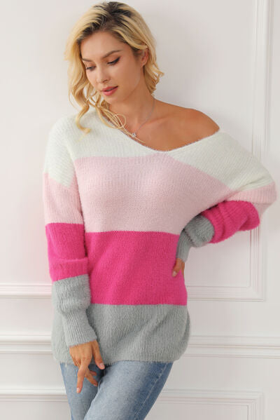 Blue Zone Planet | Color Block V-Neck Dropped Shoulder Sweater BLUE ZONE PLANET