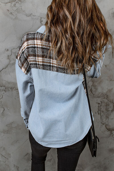Blue Zone Planet | Plaid Pocketed Button Up Denim Jacket BLUE ZONE PLANET