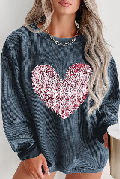 Blue Zone Planet | Plus Size Heart Sequin Round Neck Sweatshirt BLUE ZONE PLANET