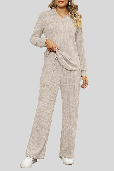 Blue Zone Planet | Ribbed Long Sleeve Top and Pocketed Pants Set BLUE ZONE PLANET