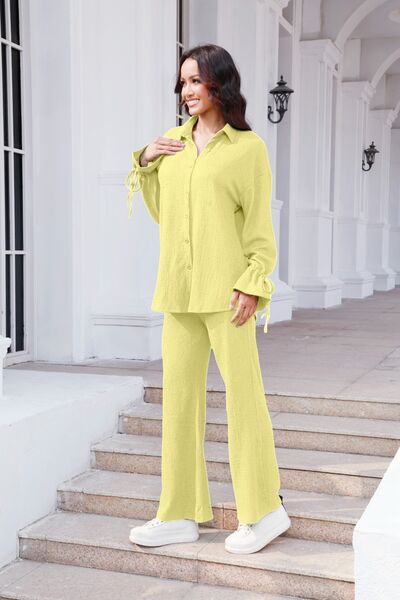 Blue Zone Planet | Drawstring Flounce Sleeve Shirt and Pants Set BLUE ZONE PLANET