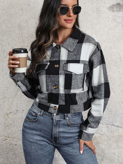 Blue Zone Planet | Plaid Button Up Drop Shoulder Cropped Jacket BLUE ZONE PLANET