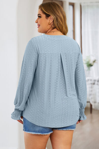 Blue Zone Planet | Plus Size Eyelet Notched Flounce Sleeve Blouse BLUE ZONE PLANET