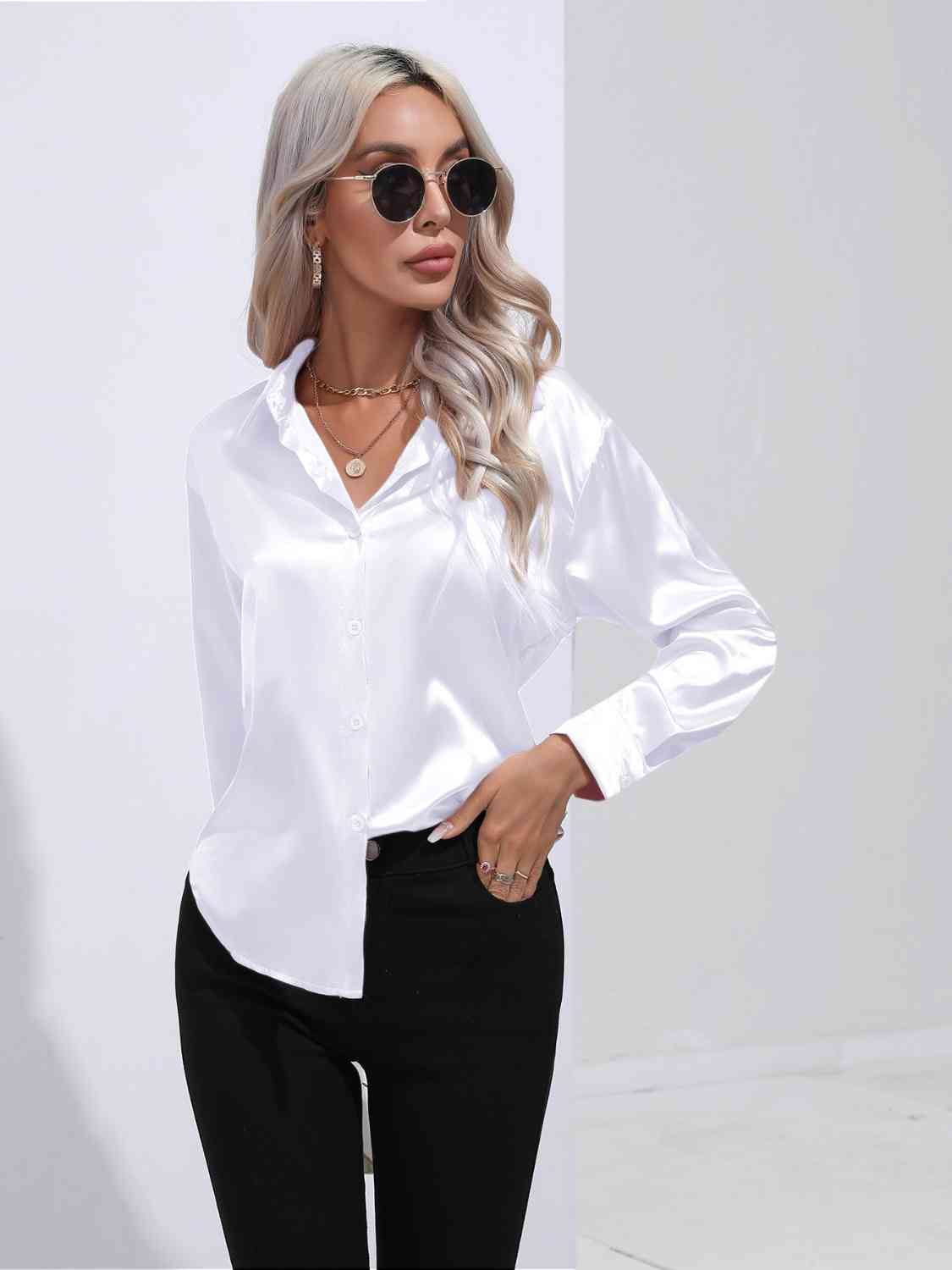 Collared Neck Buttoned Long Sleeve Shirt BLUE ZONE PLANET
