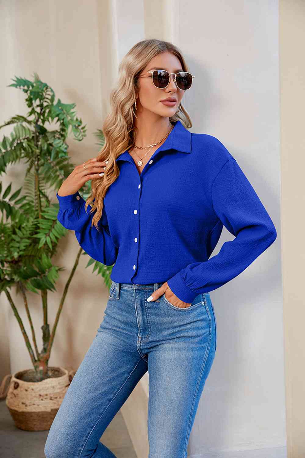 Collared Neck Buttoned Long Sleeve Shirt BLUE ZONE PLANET
