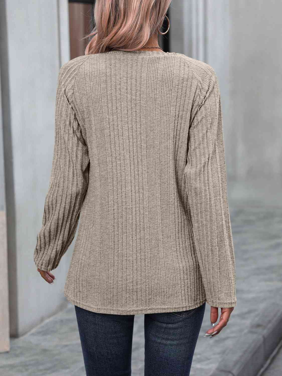 Ribbed Buttoned Round Neck Long Sleeve T-Shirt BLUE ZONE PLANET