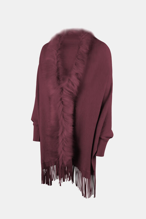 Fringe Open Front Long Sleeve Poncho BLUE ZONE PLANET