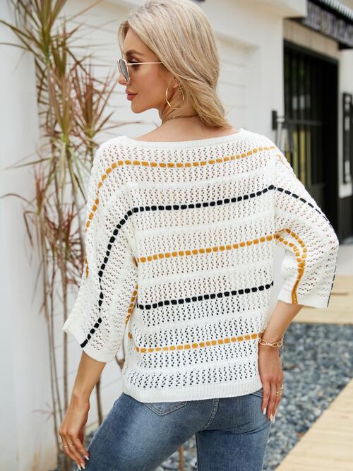 Eyelet Striped Round Neck Knit Top BLUE ZONE PLANET