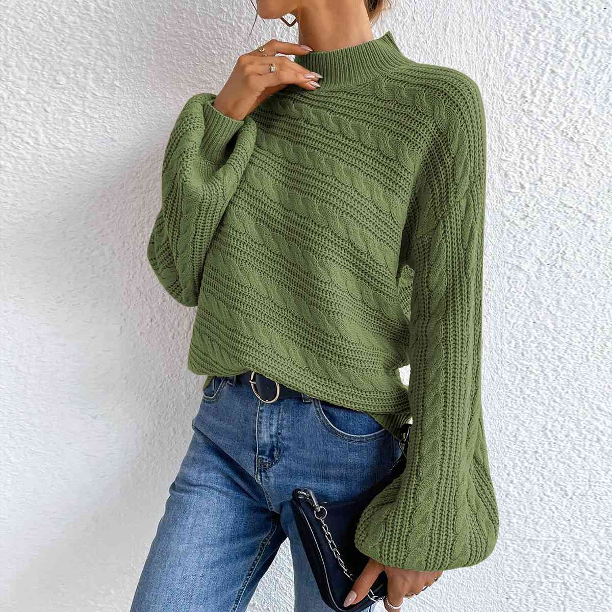 Cable-Knit Mock Neck Long Sleeve Sweater BLUE ZONE PLANET
