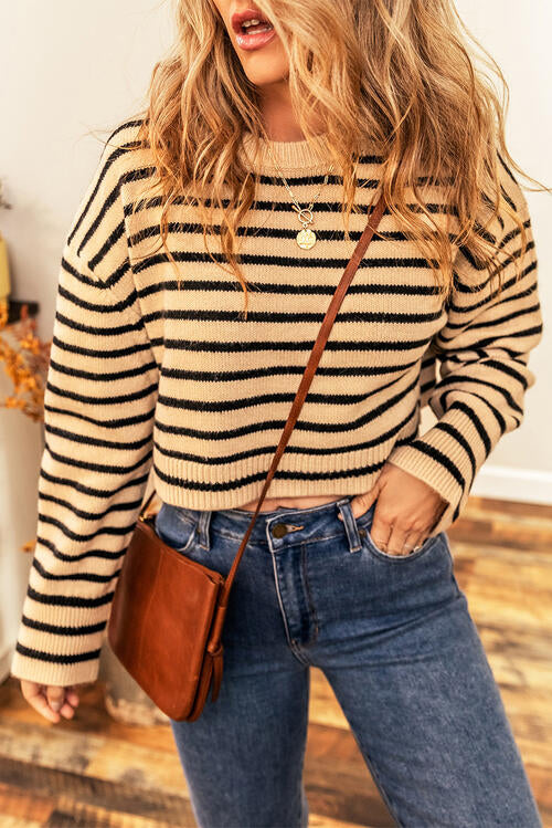 Striped Round Neck Long Sleeve Cropped Sweater BLUE ZONE PLANET