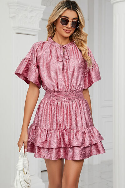 Smocked Tie Neck Flounce Sleeve Dress BLUE ZONE PLANET
