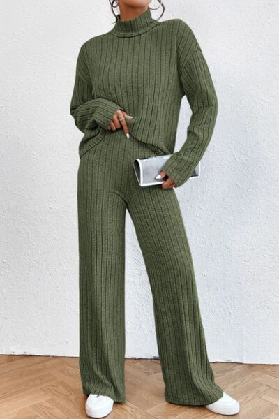Blue Zone Planet | Mock Neck Dropped Shoulder Top and Pants Set BLUE ZONE PLANET