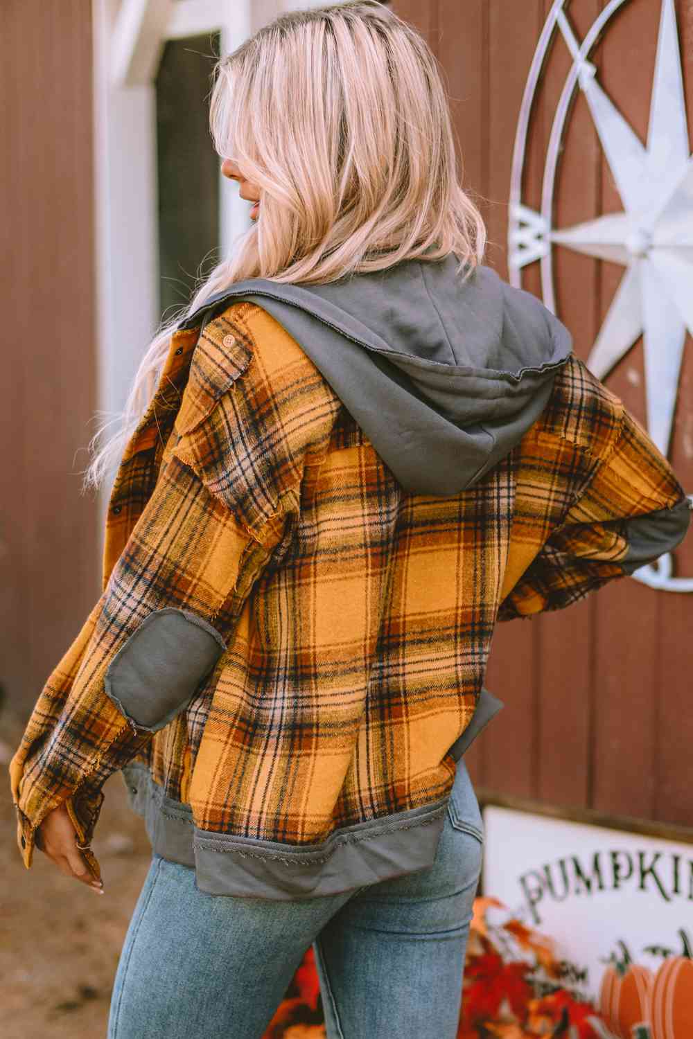 Plaid Hooded Button Front Jacket BLUE ZONE PLANET